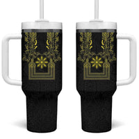 Philippines Barong Style Tumbler With Handle with Polynesian Art and Leaf Motif Black-Gold Color