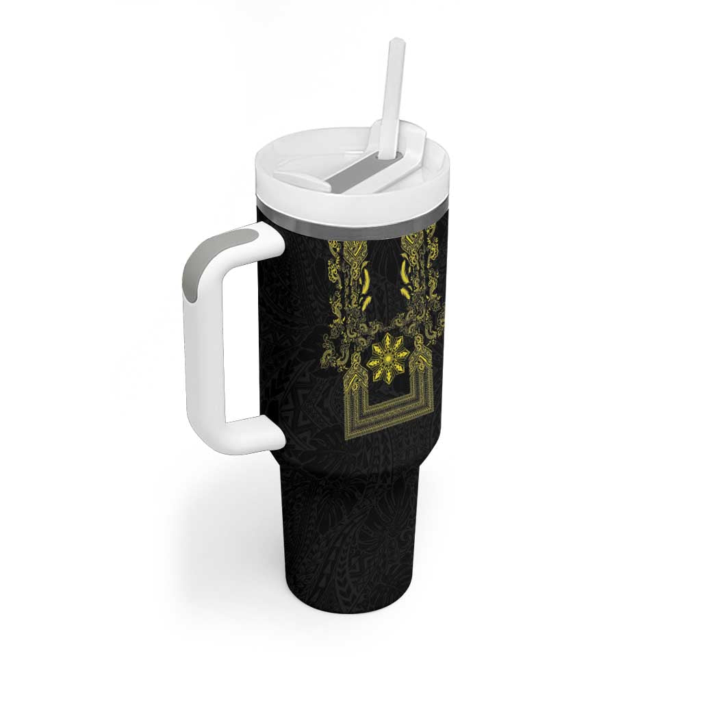 Philippines Barong Style Tumbler With Handle with Polynesian Art and Leaf Motif Black-Gold Color