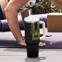 Philippines Barong Style Tumbler With Handle with Polynesian Art and Leaf Motif Black-Gold Color