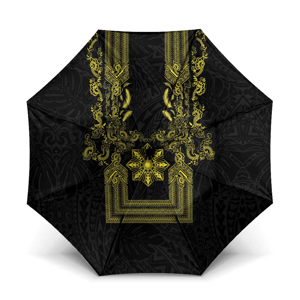 Philippines Barong Style Umbrella with Polynesian Art and Leaf Motif Black-Gold Color