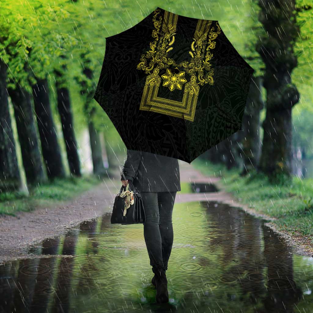 Philippines Barong Style Umbrella with Polynesian Art and Leaf Motif Black-Gold Color