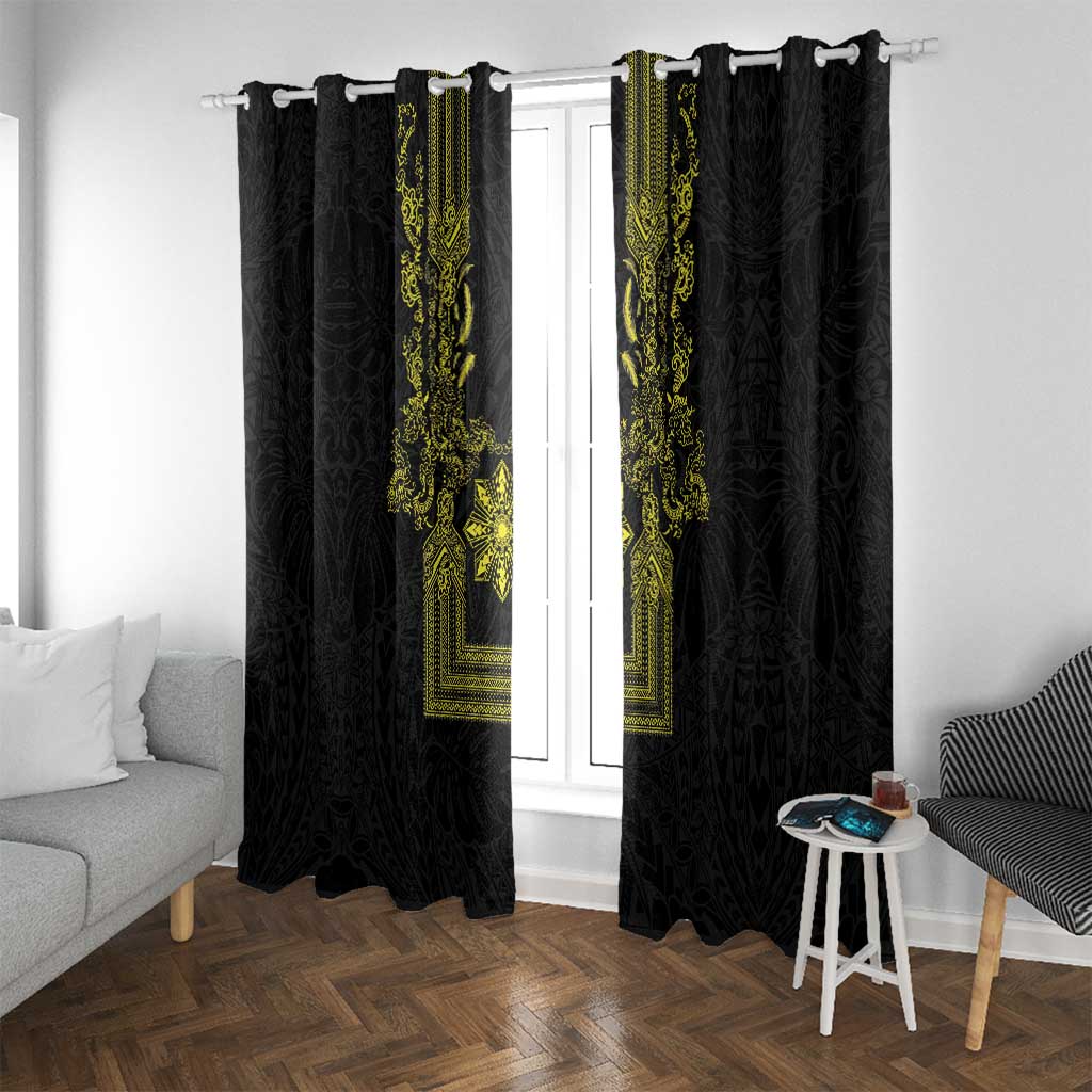 Philippines Barong Style Window Curtain with Polynesian Art and Leaf Motif Black-Gold Color