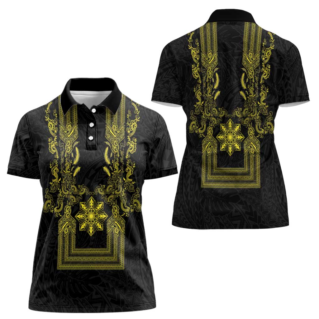 Philippines Barong Style Women Polo Shirt with Polynesian Art and Leaf Motif Black-Gold Color