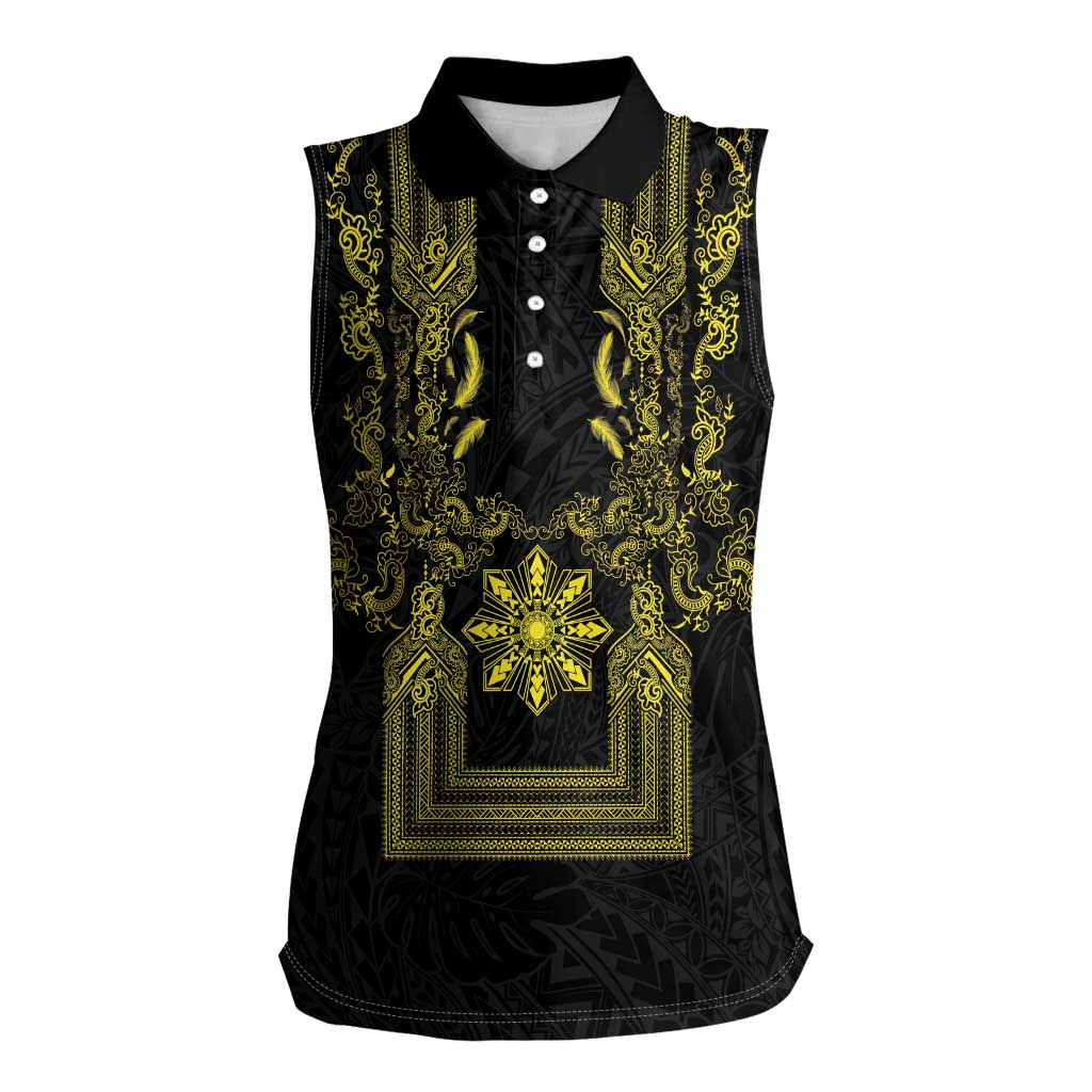Philippines Barong Style Women Sleeveless Polo Shirt with Polynesian Art and Leaf Motif Black-Gold Color LT03 Female Black - Polynesian Pride