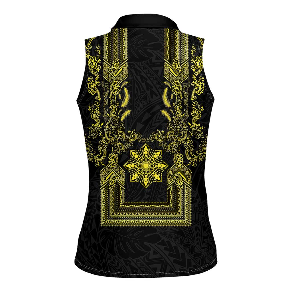Philippines Barong Style Women Sleeveless Polo Shirt with Polynesian Art and Leaf Motif Black-Gold Color LT03 - Polynesian Pride