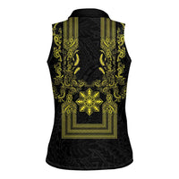 Philippines Barong Style Women Sleeveless Polo Shirt with Polynesian Art and Leaf Motif Black-Gold Color LT03 - Polynesian Pride