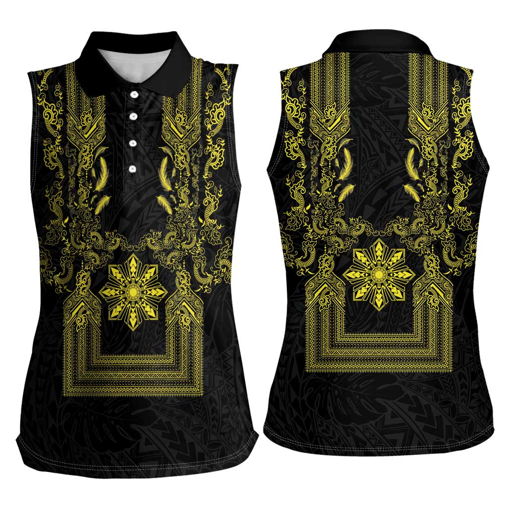Philippines Barong Style Women Sleeveless Polo Shirt with Polynesian Art and Leaf Motif Black-Gold Color LT03 - Polynesian Pride