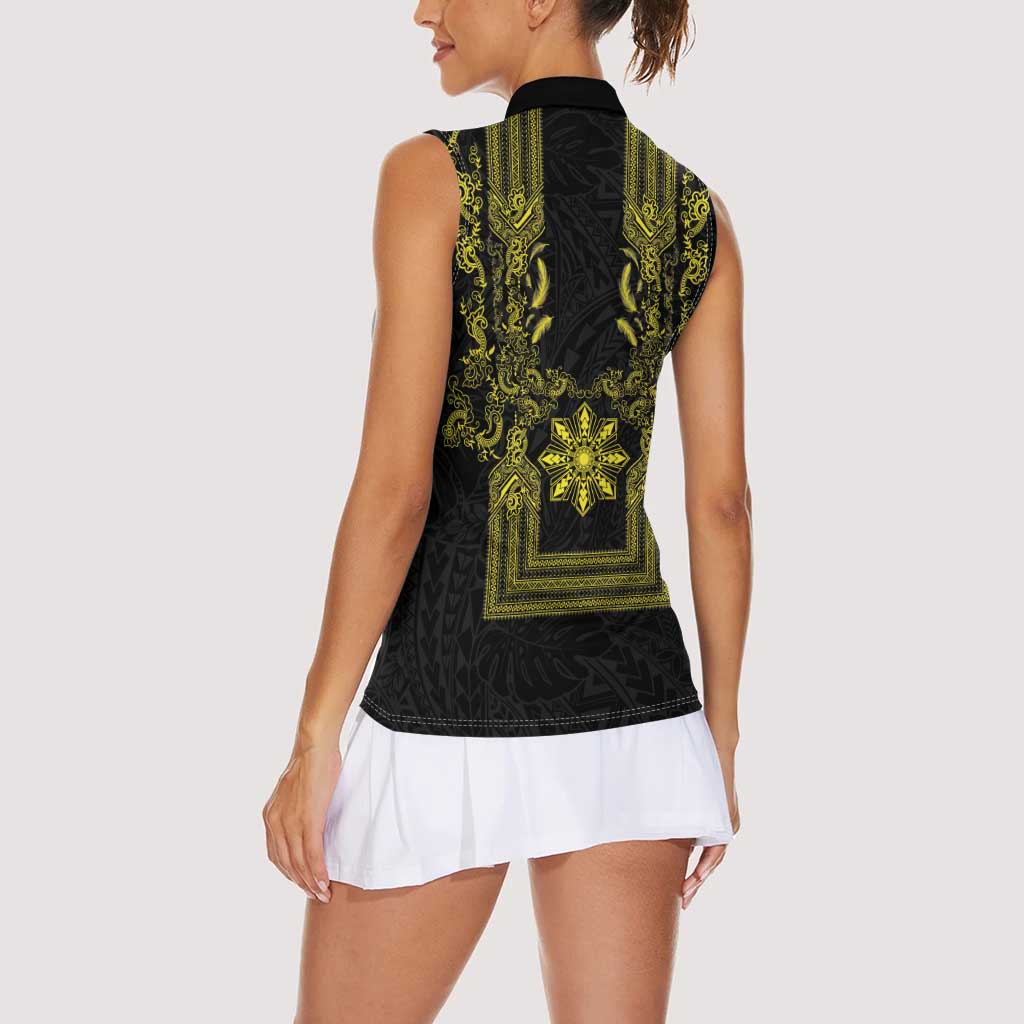 Philippines Barong Style Women Sleeveless Polo Shirt with Polynesian Art and Leaf Motif Black-Gold Color LT03 - Polynesian Pride