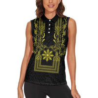Philippines Barong Style Women Sleeveless Polo Shirt with Polynesian Art and Leaf Motif Black-Gold Color LT03 - Polynesian Pride