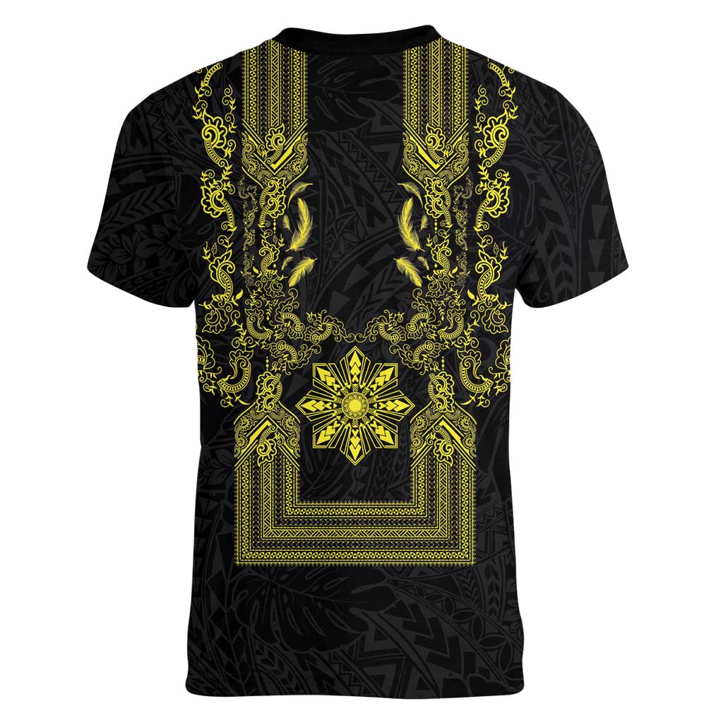 Philippines Barong Style Women V-Neck T-Shirt with Polynesian Art and Leaf Motif Black-Gold Color