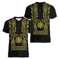 Philippines Barong Style Women V-Neck T-Shirt with Polynesian Art and Leaf Motif Black-Gold Color