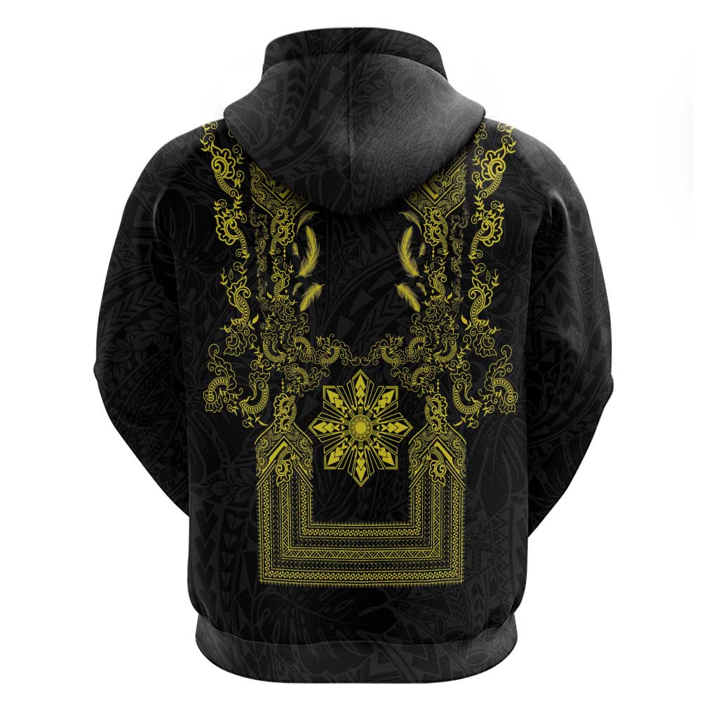 Philippines Barong Style Zip Hoodie with Polynesian Art and Leaf Motif Black-Gold Color