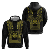 Philippines Barong Style Zip Hoodie with Polynesian Art and Leaf Motif Black-Gold Color