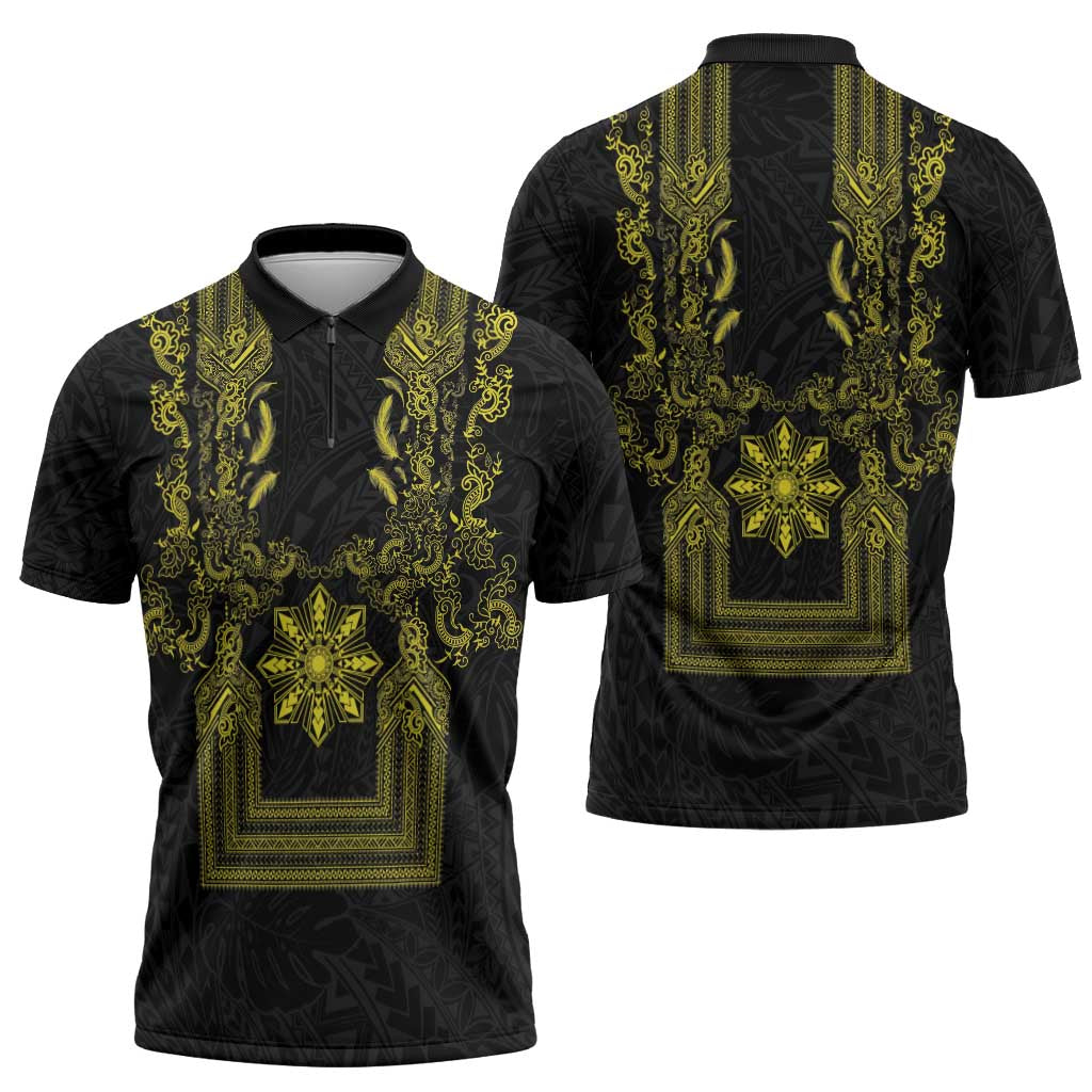 Philippines Barong Style Zipper Polo Shirt with Polynesian Art and Leaf Motif Black-Gold Color