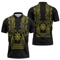 Philippines Barong Style Zipper Polo Shirt with Polynesian Art and Leaf Motif Black-Gold Color