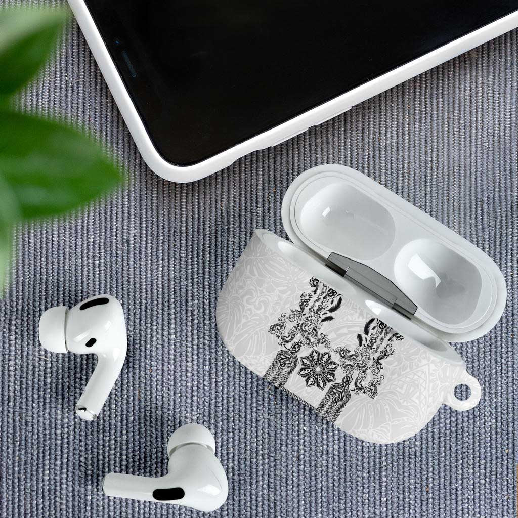 Philippines Barong Style AirPods Case with Polynesian Art and Leaf Motif Black-White Color