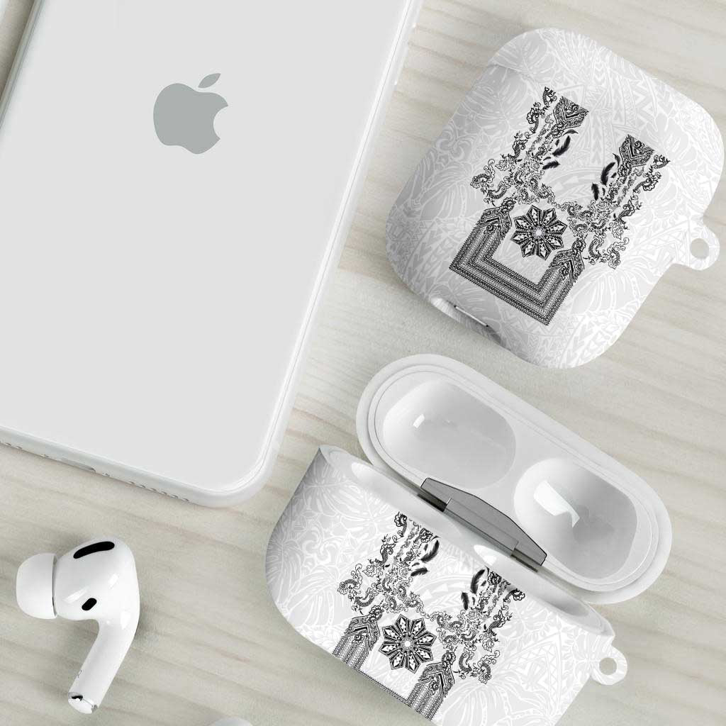 Philippines Barong Style AirPods Case with Polynesian Art and Leaf Motif Black-White Color