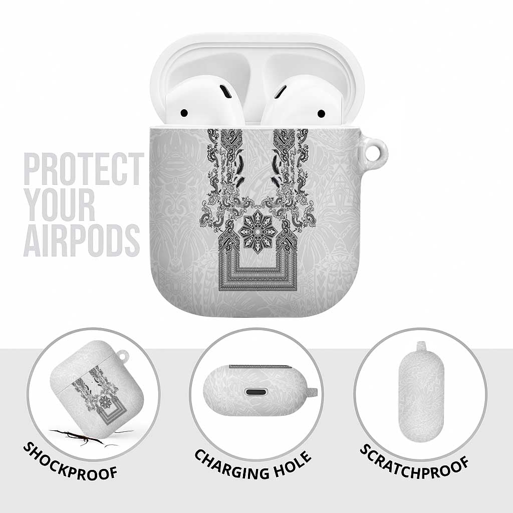 Philippines Barong Style AirPods Case with Polynesian Art and Leaf Motif Black-White Color