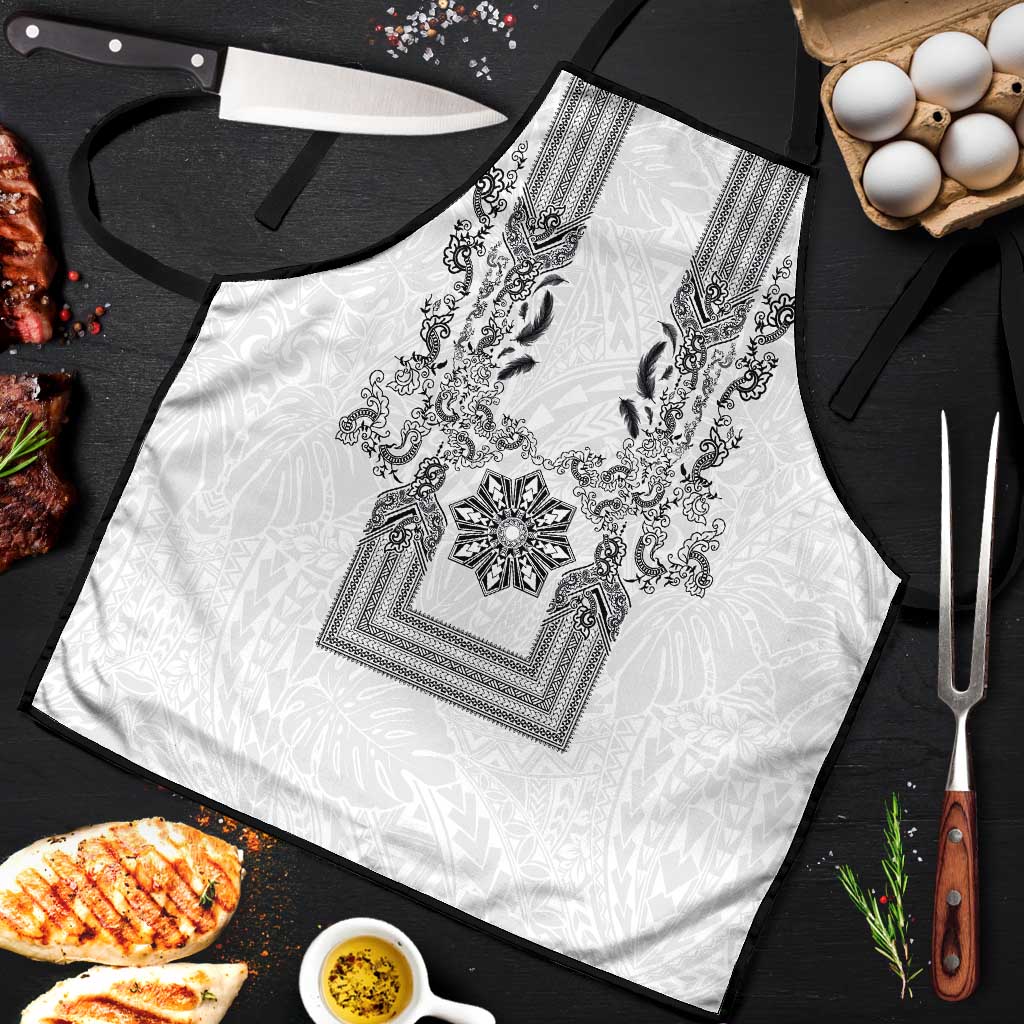 Philippines Barong Style Apron with Polynesian Art and Leaf Motif Black-White Color