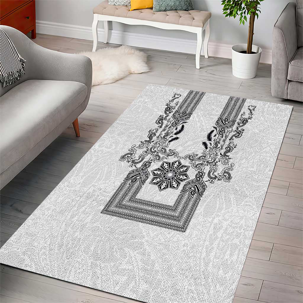 Philippines Barong Style Area Rug with Polynesian Art and Leaf Motif Black-White Color