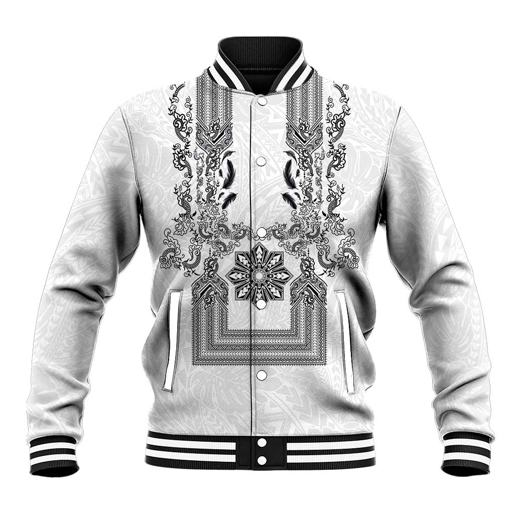 Philippines Barong Style Baseball Jacket with Polynesian Art and Leaf Motif Black-White Color