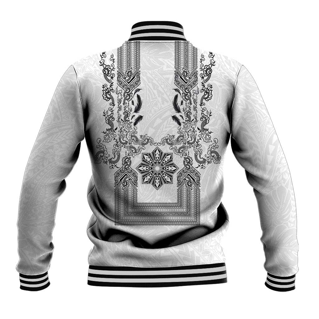 Philippines Barong Style Baseball Jacket with Polynesian Art and Leaf Motif Black-White Color