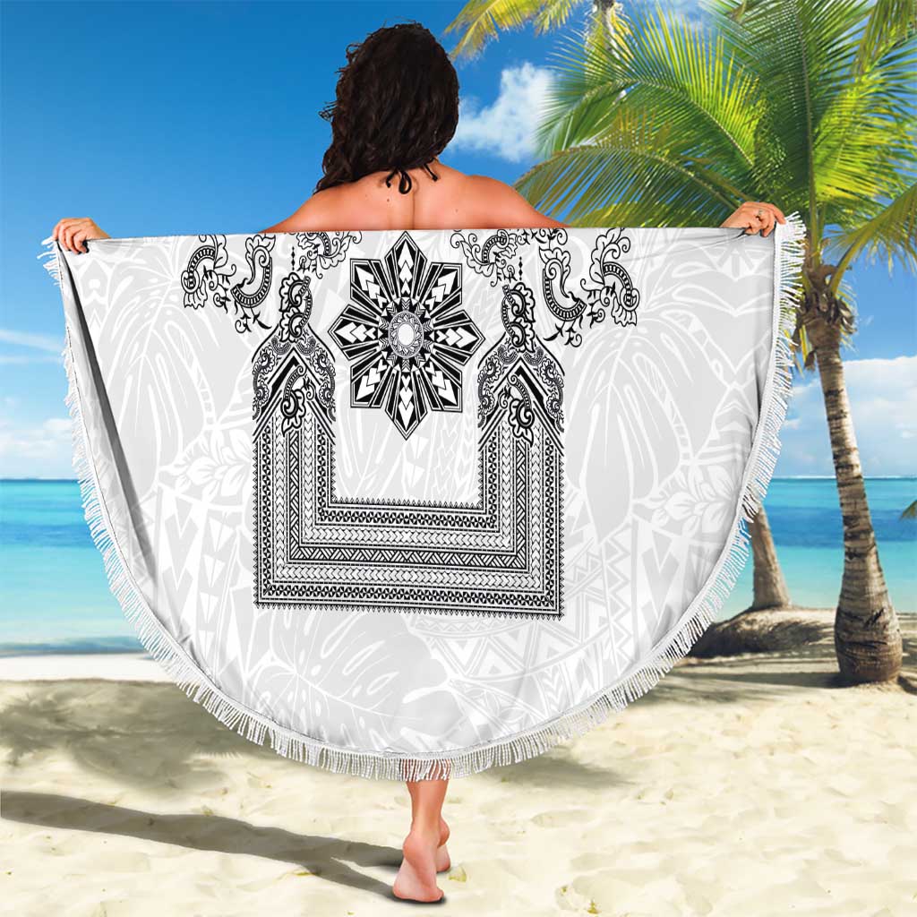 Philippines Barong Style Beach Blanket with Polynesian Art and Leaf Motif Black-White Color