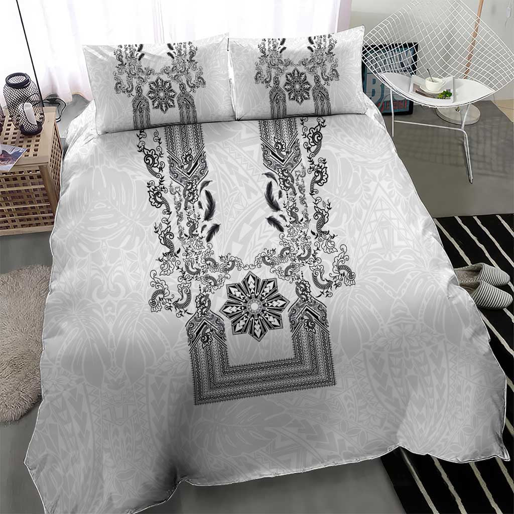 Philippines Barong Style Bedding Set with Polynesian Art and Leaf Motif Black-White Color