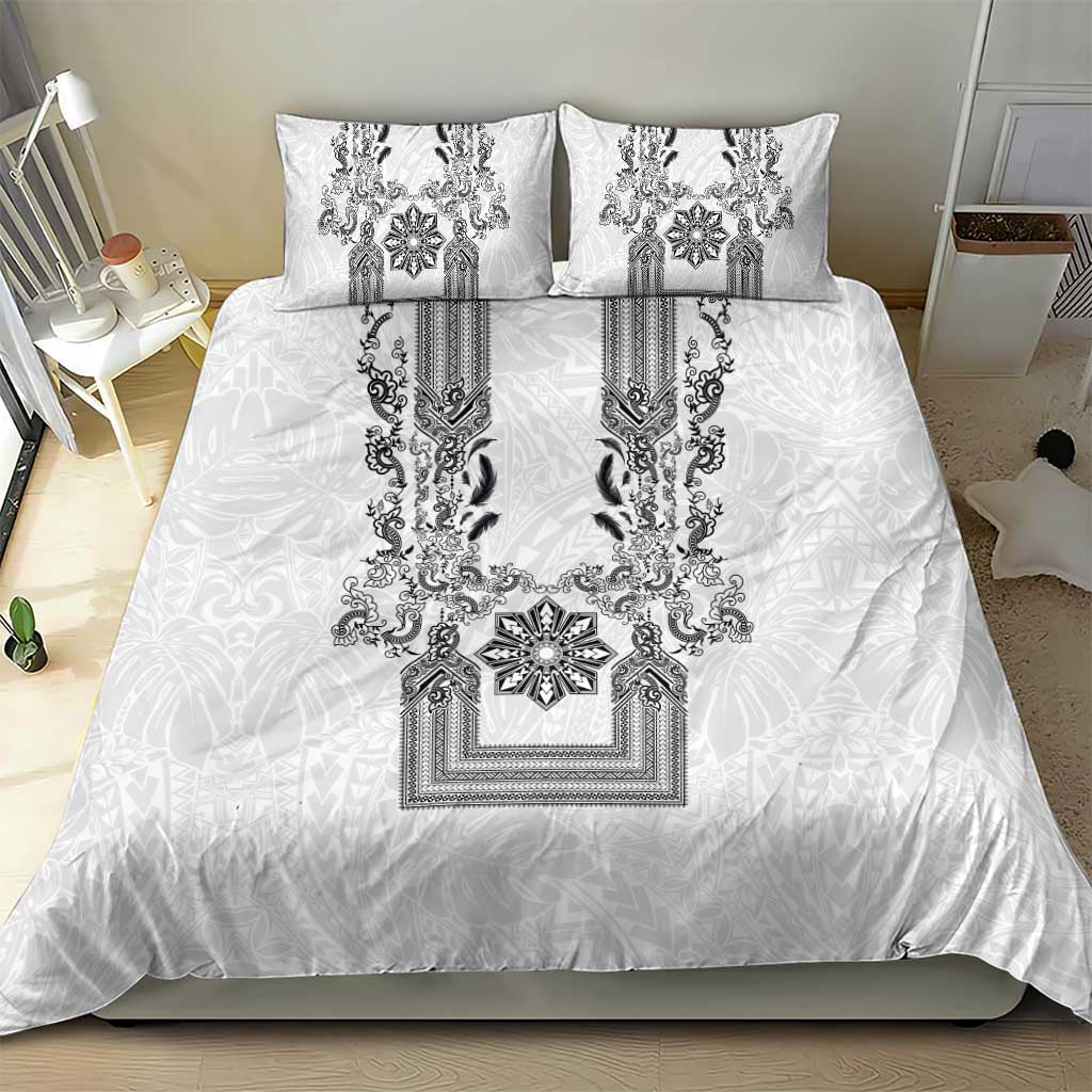 Philippines Barong Style Bedding Set with Polynesian Art and Leaf Motif Black-White Color