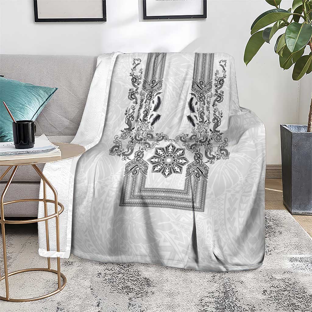 Philippines Barong Style Blanket with Polynesian Art and Leaf Motif Black-White Color