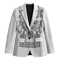 Philippines Barong Style Blazer with Polynesian Art and Leaf Motif Black-White Color