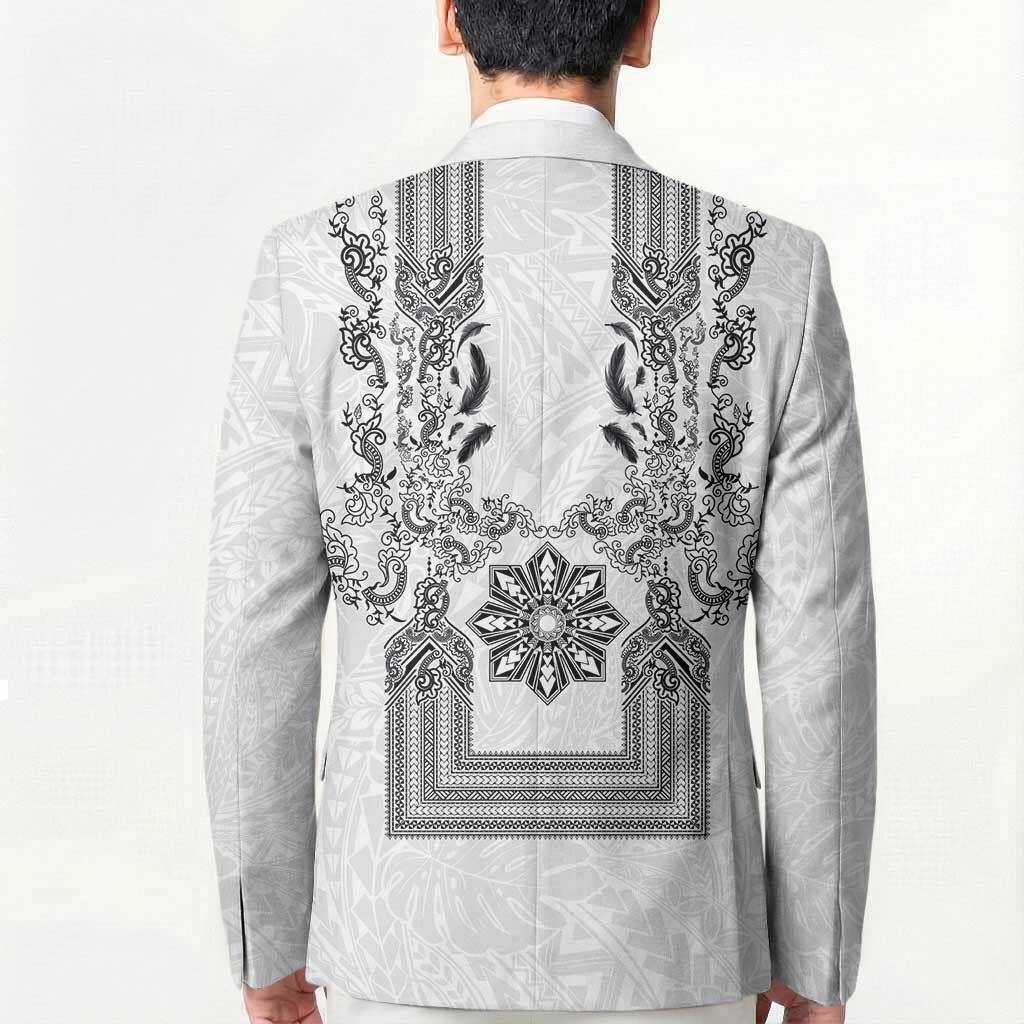 Philippines Barong Style Blazer with Polynesian Art and Leaf Motif Black-White Color