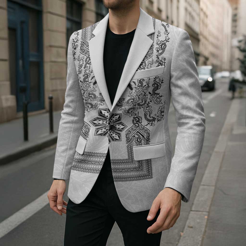 Philippines Barong Style Blazer with Polynesian Art and Leaf Motif Black-White Color