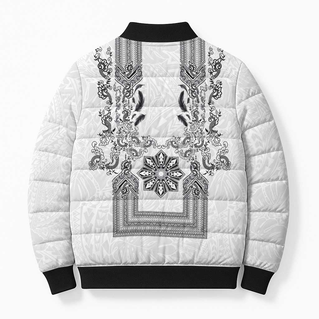 Philippines Barong Style Bomber Puffer Jacket with Polynesian Art and Leaf Motif Black-White Color
