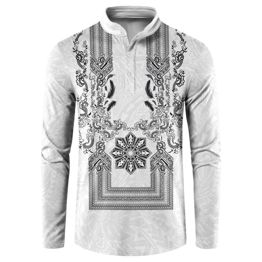 Philippines Barong Style Button Sweatshirt with Polynesian Art and Leaf Motif Black-White Color