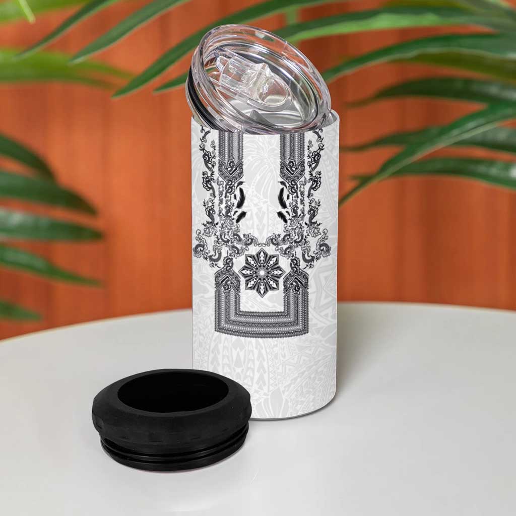 Philippines Barong Style 4 in 1 Can Cooler Tumbler with Polynesian Art and Leaf Motif Black-White Color