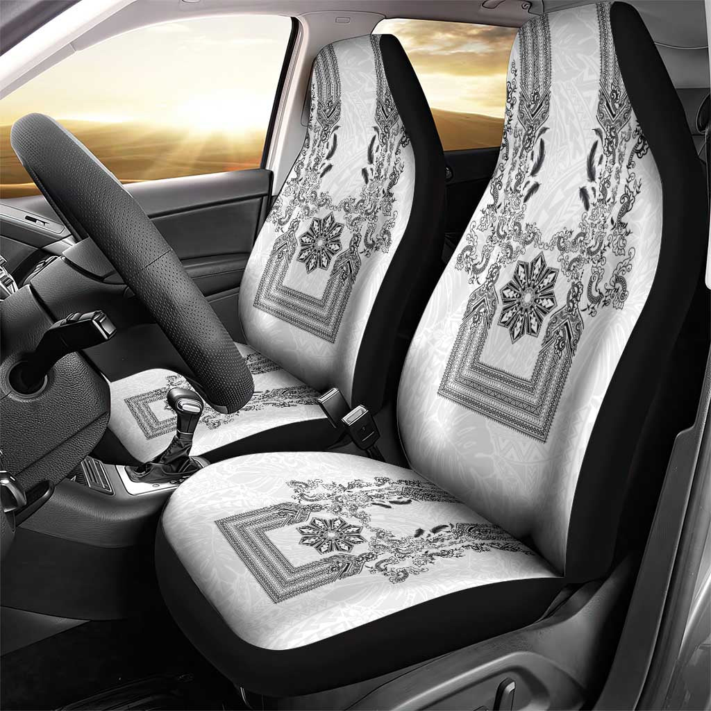 Philippines Barong Style Car Seat Cover with Polynesian Art and Leaf Motif Black-White Color