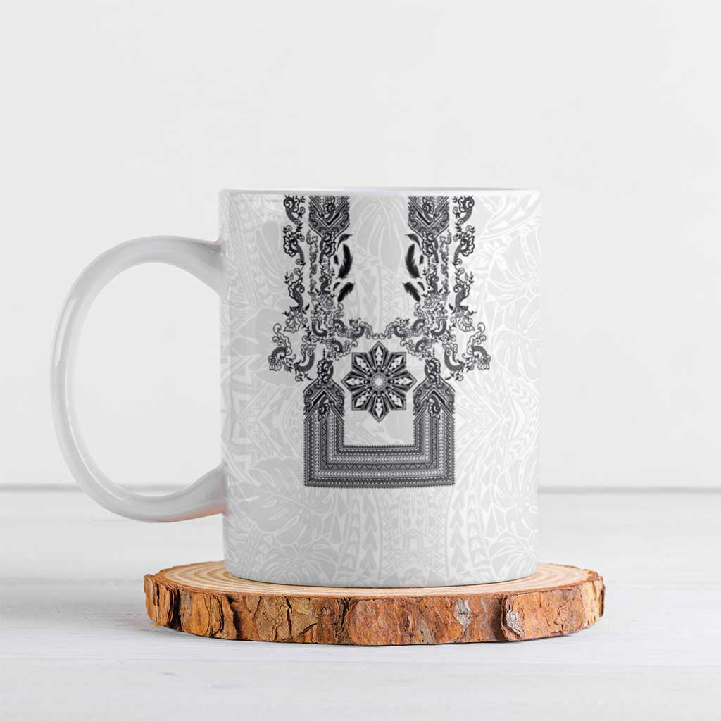 Philippines Barong Style Ceramic Mug with Polynesian Art and Leaf Motif Black-White Color