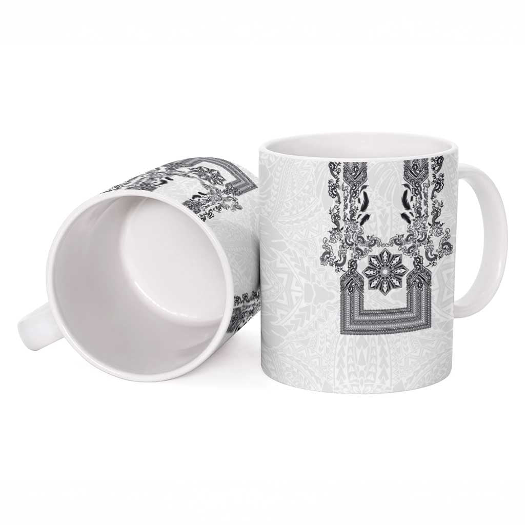 Philippines Barong Style Ceramic Mug with Polynesian Art and Leaf Motif Black-White Color