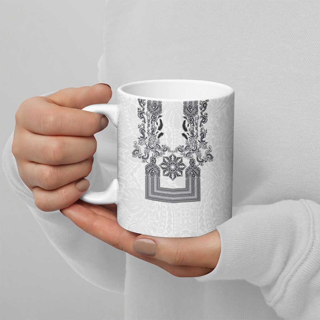 Philippines Barong Style Ceramic Mug with Polynesian Art and Leaf Motif Black-White Color