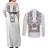 Philippines Barong Style Couples Matching Off Shoulder Maxi Dress and Long Sleeve Button Shirt with Polynesian Art and Leaf Motif Black-White Color