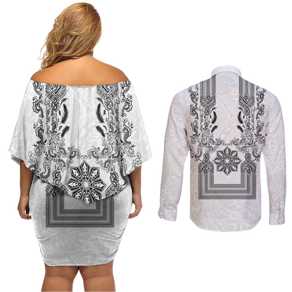 Philippines Barong Style Couples Matching Off Shoulder Short Dress and Long Sleeve Button Shirt with Polynesian Art and Leaf Motif Black-White Color