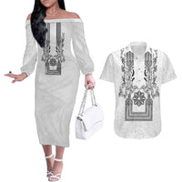 Philippines Barong Style Couples Matching Off The Shoulder Long Sleeve Dress and Hawaiian Shirt with Polynesian Art and Leaf Motif Black-White Color LT03 White - Polynesian Pride