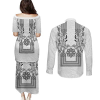 Philippines Barong Style Couples Matching Puletasi and Long Sleeve Button Shirt with Polynesian Art and Leaf Motif Black-White Color
