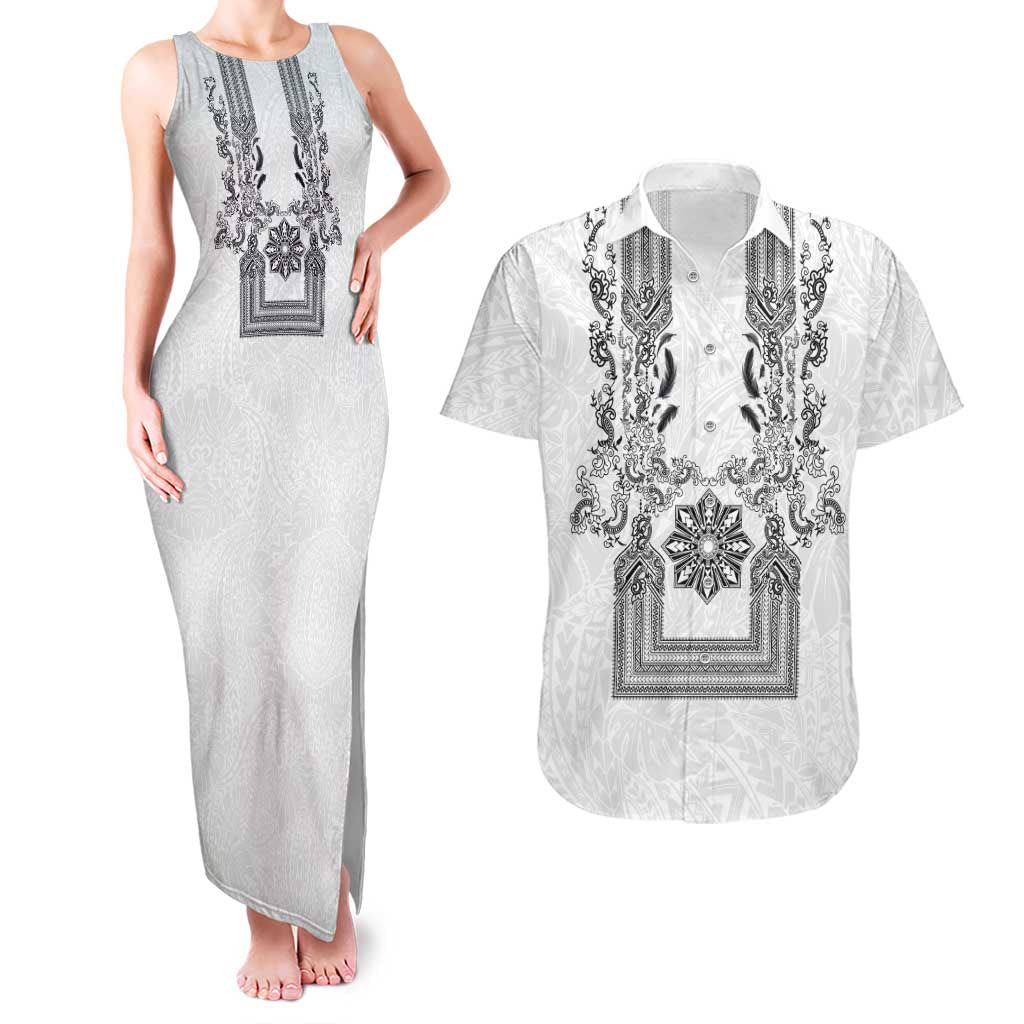 Philippines Barong Style Couples Matching Tank Maxi Dress and Hawaiian Shirt with Polynesian Art and Leaf Motif Black-White Color LT03 White - Polynesian Pride