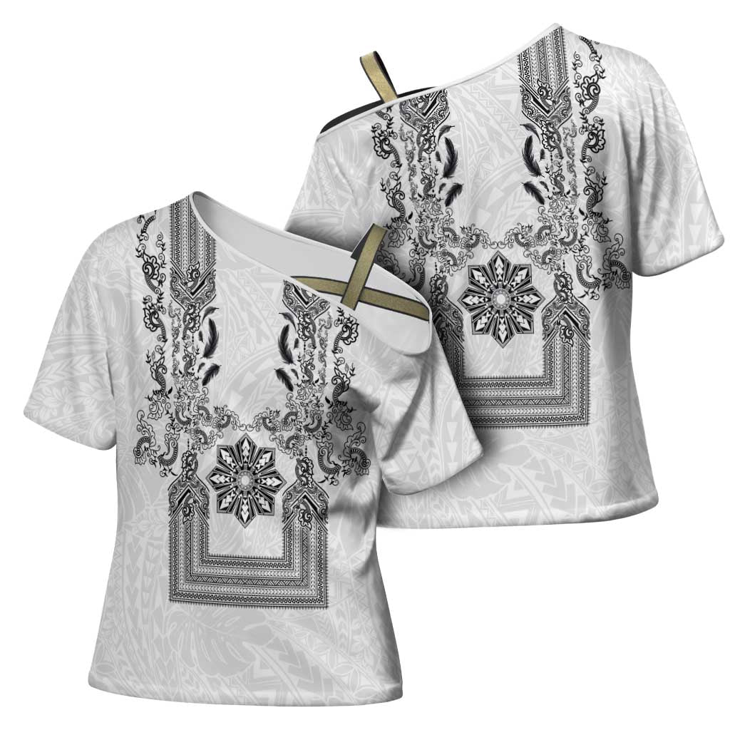 Philippines Barong Style Cross Shoulder Shirt with Polynesian Art and Leaf Motif Black-White Color