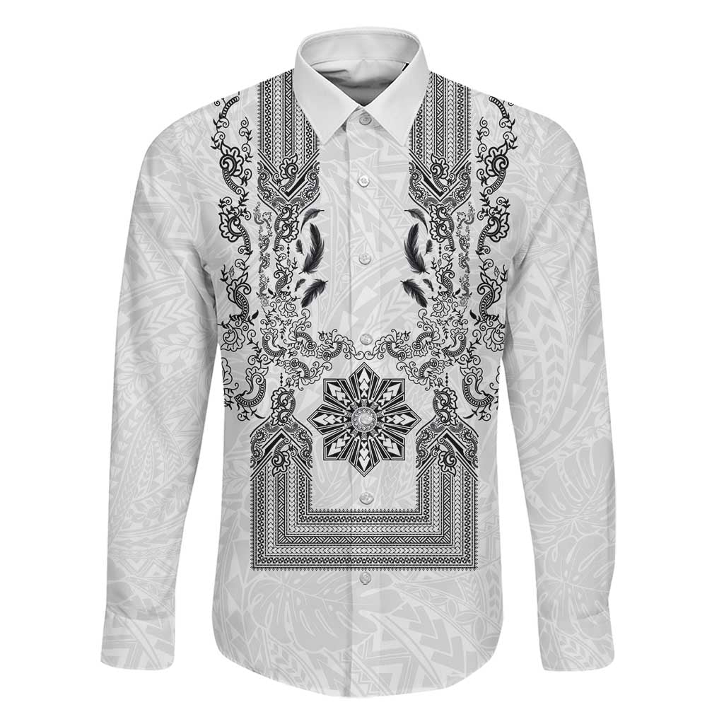 Philippines Barong Style Family Matching Long Sleeve Bodycon Dress and Hawaiian Shirt with Polynesian Art and Leaf Motif Black-White Color LT03 Dad's Shirt - Long Sleeve White - Polynesian Pride