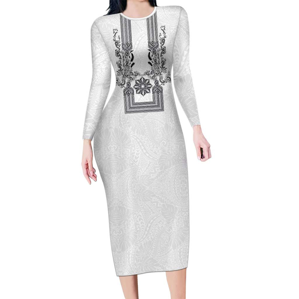 Philippines Barong Style Family Matching Long Sleeve Bodycon Dress and Hawaiian Shirt with Polynesian Art and Leaf Motif Black-White Color LT03 Mom's Dress White - Polynesian Pride