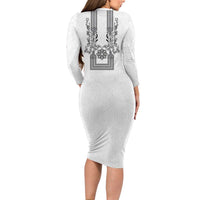 Philippines Barong Style Family Matching Long Sleeve Bodycon Dress and Hawaiian Shirt with Polynesian Art and Leaf Motif Black-White Color LT03 - Polynesian Pride