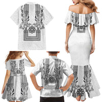 Philippines Barong Style Family Matching Mermaid Dress and Hawaiian Shirt with Polynesian Art and Leaf Motif Black-White Color LT03 - Polynesian Pride